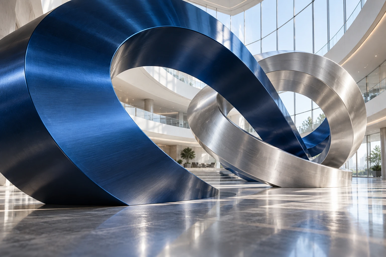Deux formes sculpturales en métal reliées dans un atrium