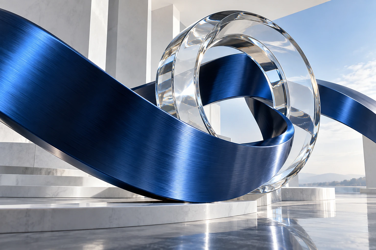 Sculpture en métal bleu et anneau de verre en perspective