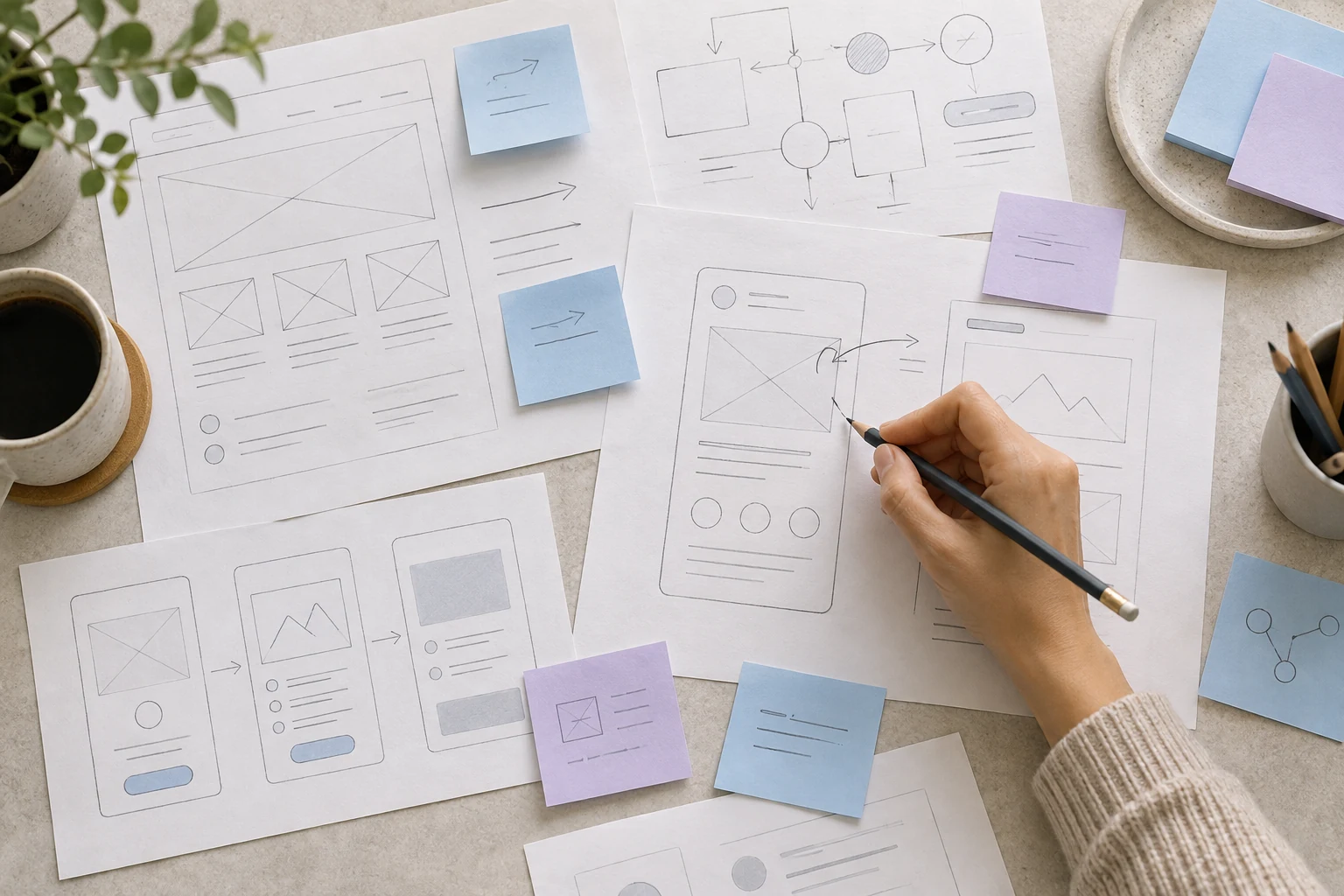 Plans et maquettes papier lors de la conception d’interfaces
